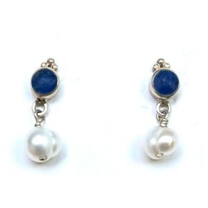 Beautiful Blue Agate, Pearl & Sterling 925 Silver Dangle Earrings